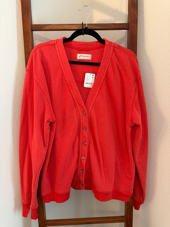 Free People Sweaters - Free People Poppy Red Button Front Distressed V-Neck Cardigan Sweatshirt NWT  XL
